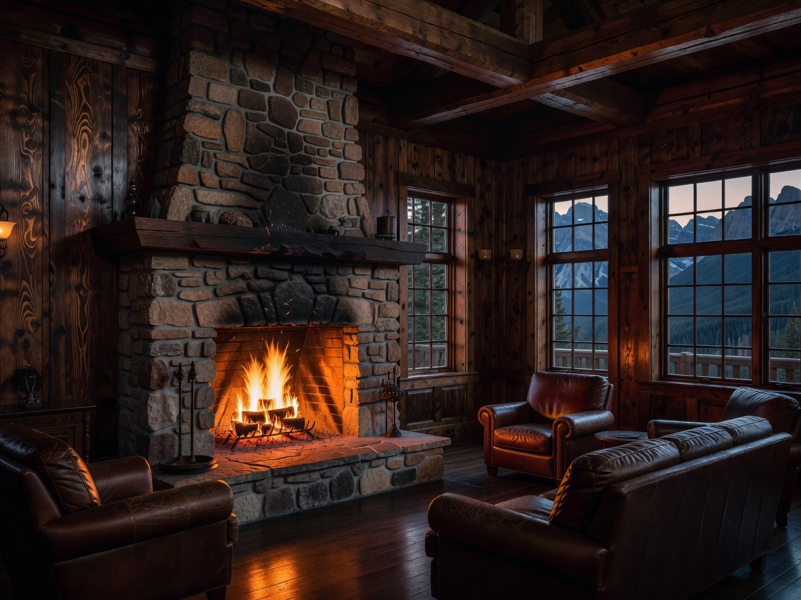 Roaring fire and dark wood paneling inside the historic Banff Heritage Lodge