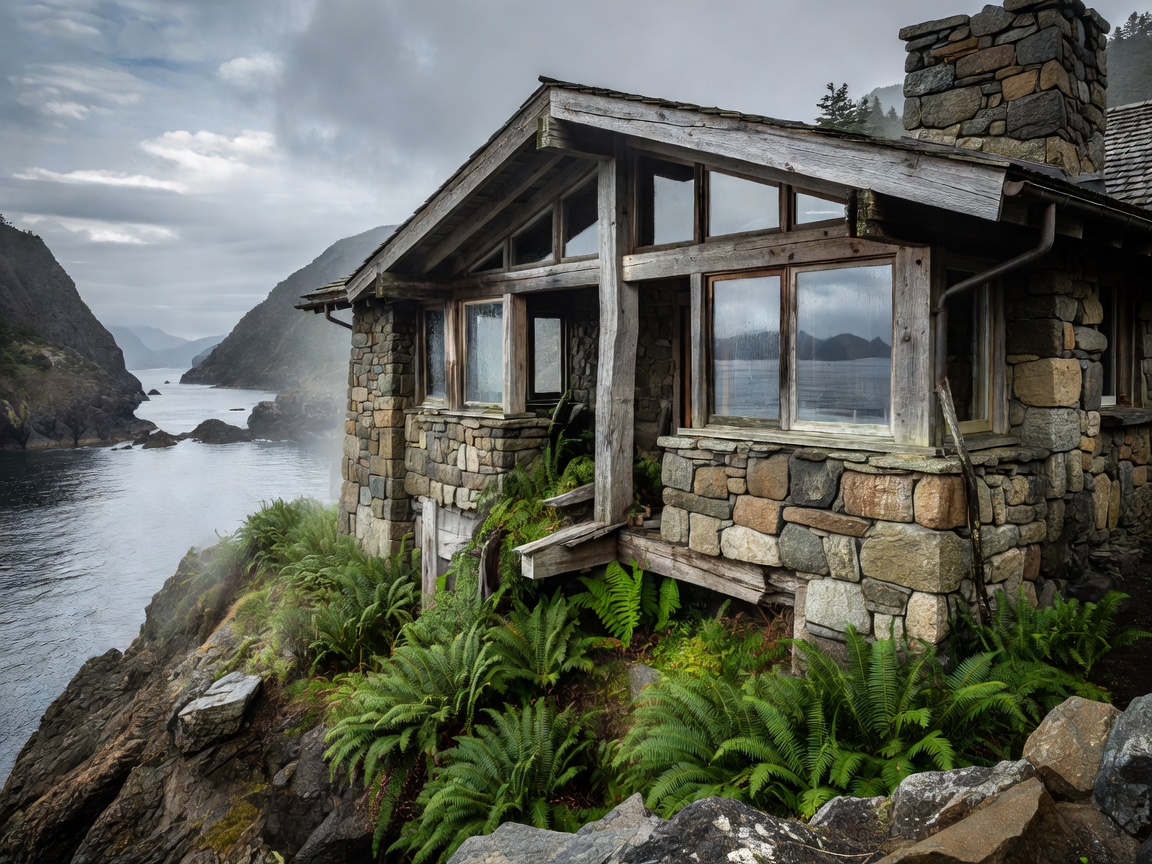 Raw stone and salvaged timber architecture of the Fjord & Fern Estate overlooking the Pacific Ocean