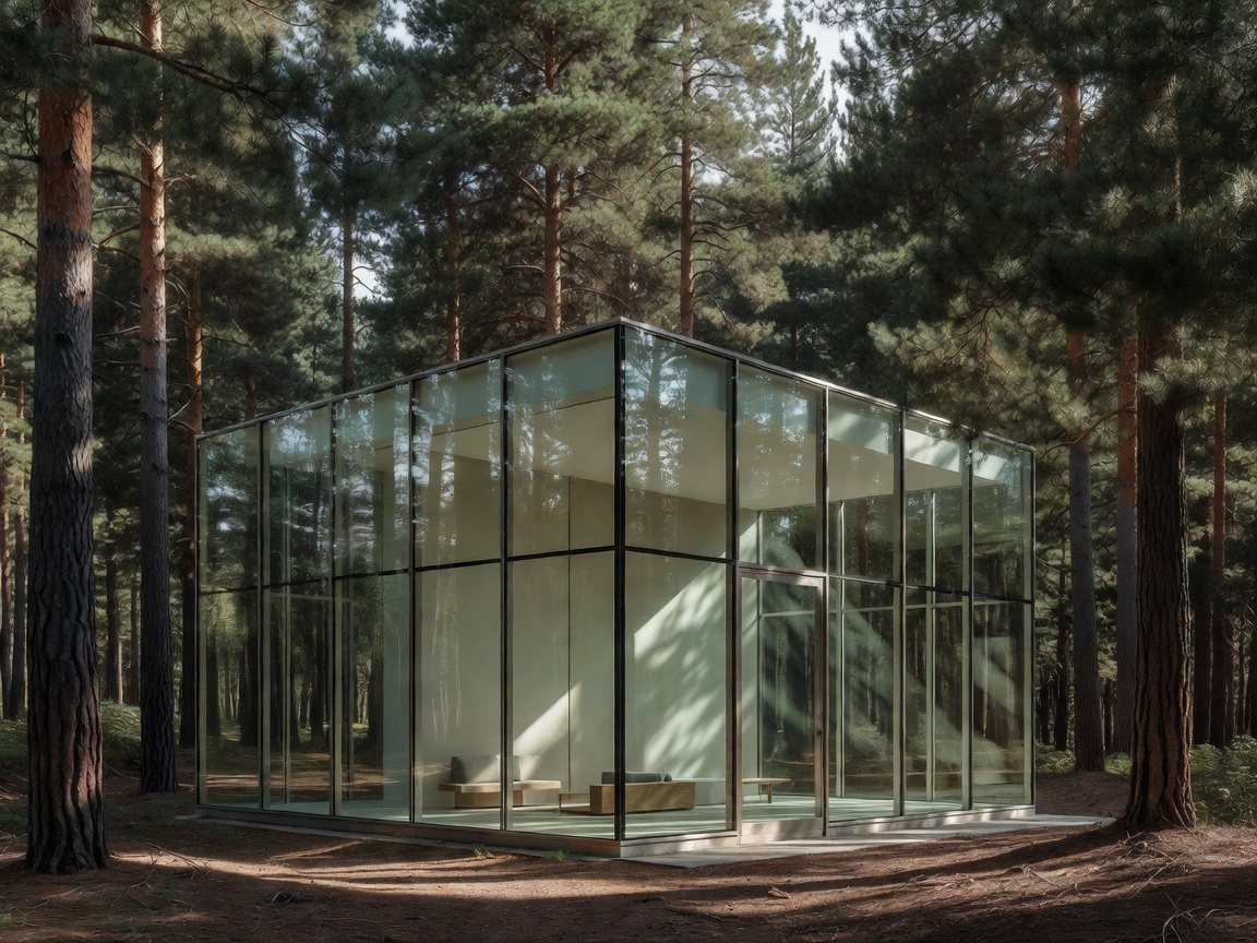 Minimalist glass exterior of the Laurentian Glasshouse nestled in dense pine forest